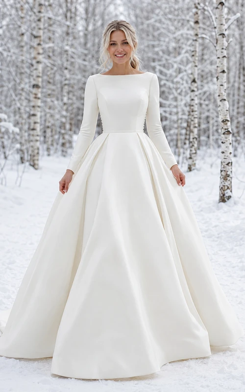 Winter Bateau Long Sleeve Satin Ball Gown Wedding Dress