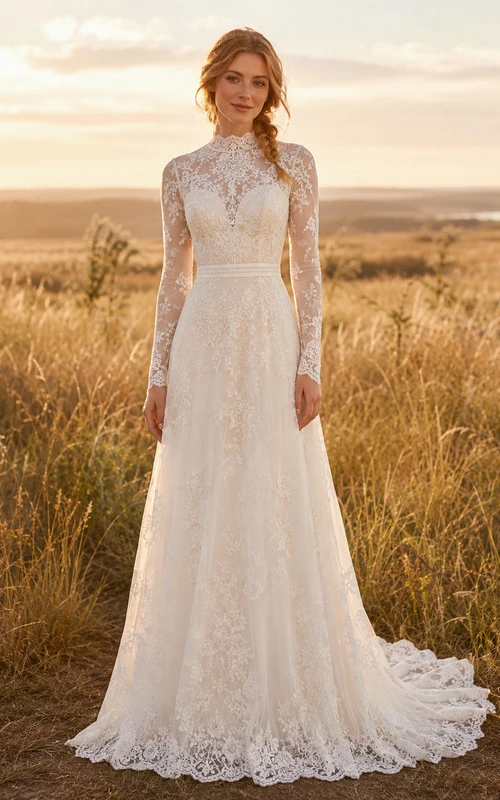 High Neck Long Sleeve Lace Golden Grassland Elopement Gown