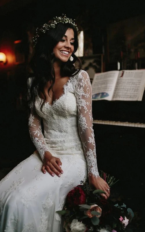 Country Long Sleeve V-neck Lace Deep-v Back Wedding Dress