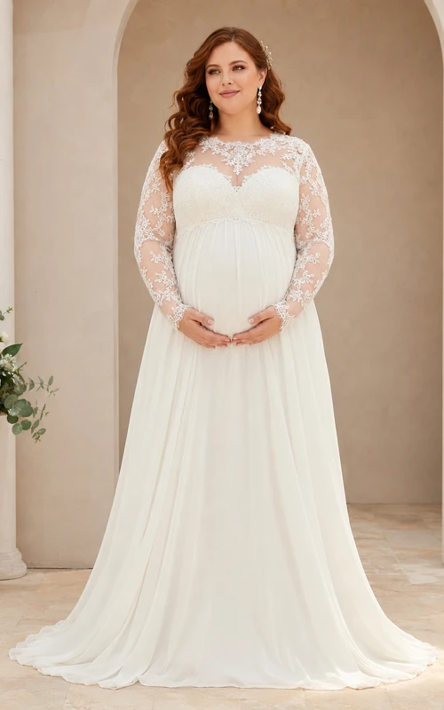Modest Plus Size Maternity Jewel Neck Long Illusion Sleeve Lace Chiffon Empire Wedding Gown