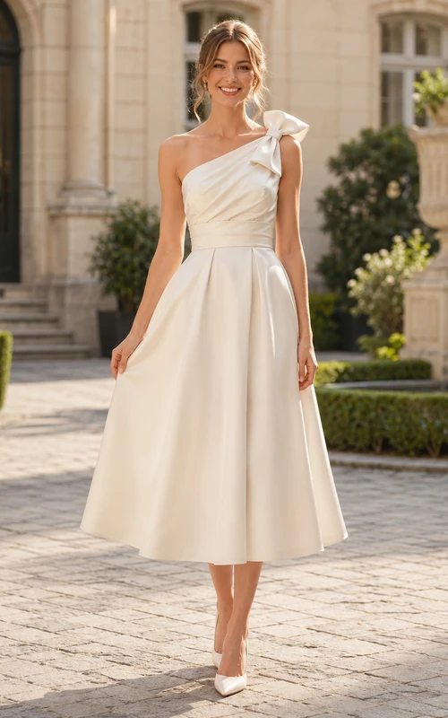 Parisian One Shoulder Bow Satin A-Line Tea Length Mairie Wedding Dress