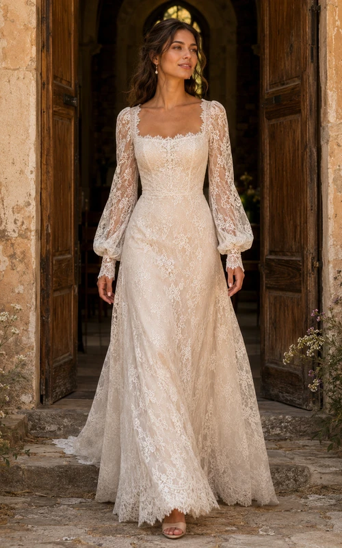 Square Neck Poet Sleeve Vintage Lace A-Line Bridal Gown