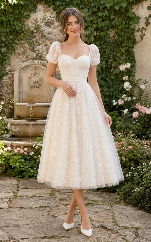 Tea-Length Lace Bodice Puff Sleeve Garden Elopement Dress