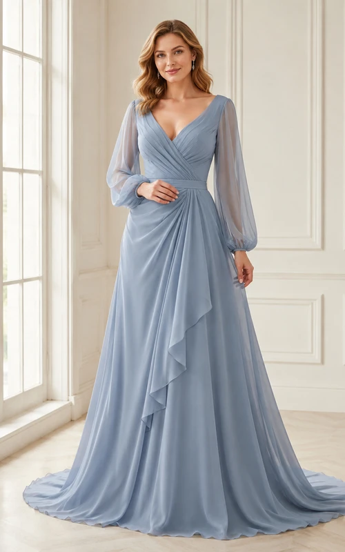 Steel Blue V-Neck Long Poet Sleeve Chiffon A-Line Wedding Dress