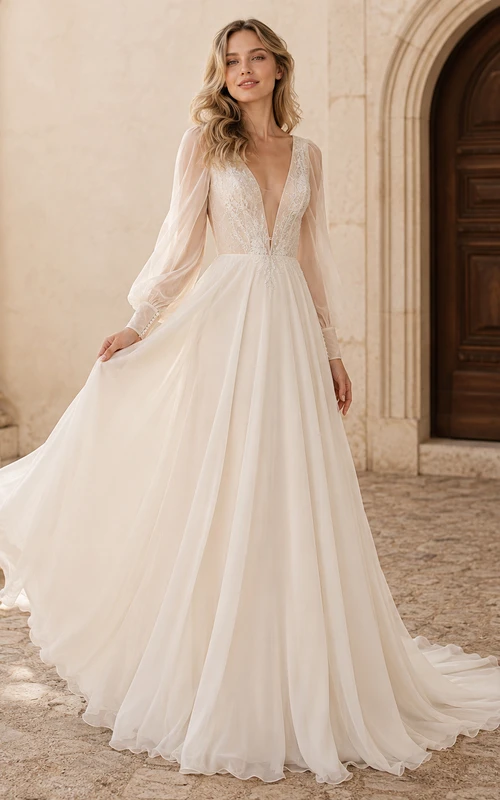 Pure Chiffon Lace Deep V Neck Bishop Sleeve A-Line Sweep Train Bodice Pavilion Bridal Wedding Dress