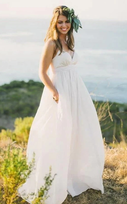 Spaghetti Empire Chiffon Simple Sweep Train Wedding Dress