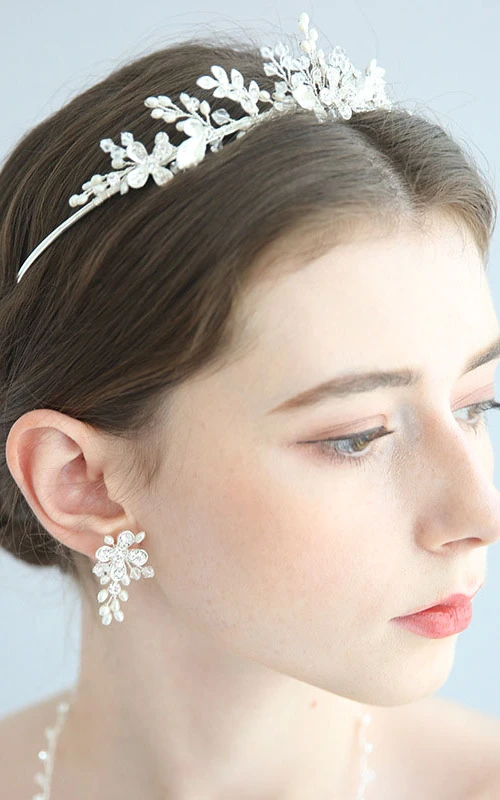 Classic Silver Crystal Rhinestone Necklace and Earrings and Crown Jewelry Set