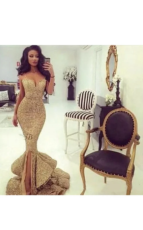 Mermaid Trumpet Straps Neck Sweetheart Sequins Sexy Floor-length Sleeveless Beading Sequins Evening Dress