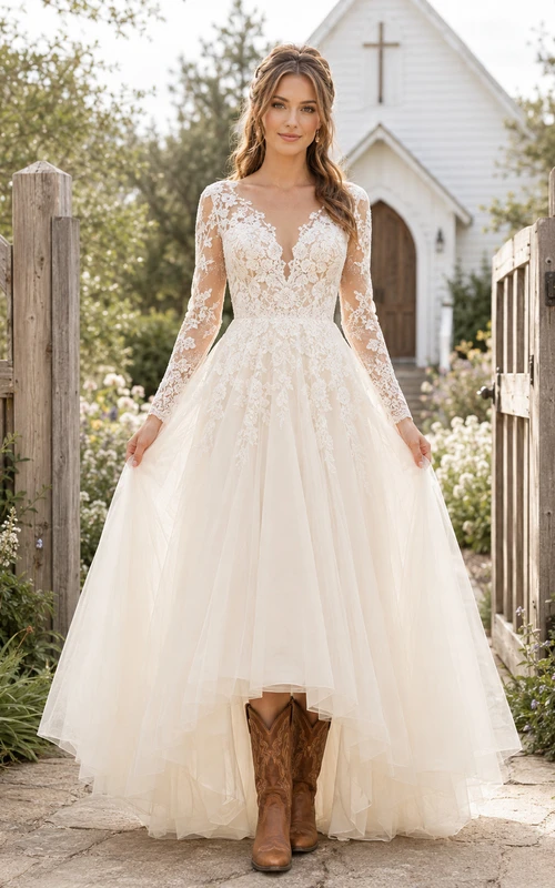Vestido de novia modesto de corte A con cuello alto, mangas largas de encaje y falda de tul. Romántico escote corazón.