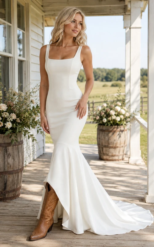 Minimalist Crepe Mermaid Square Neck Backless Wedding Dress Simple Modern Elegant Trumpet Straps Sleeveless