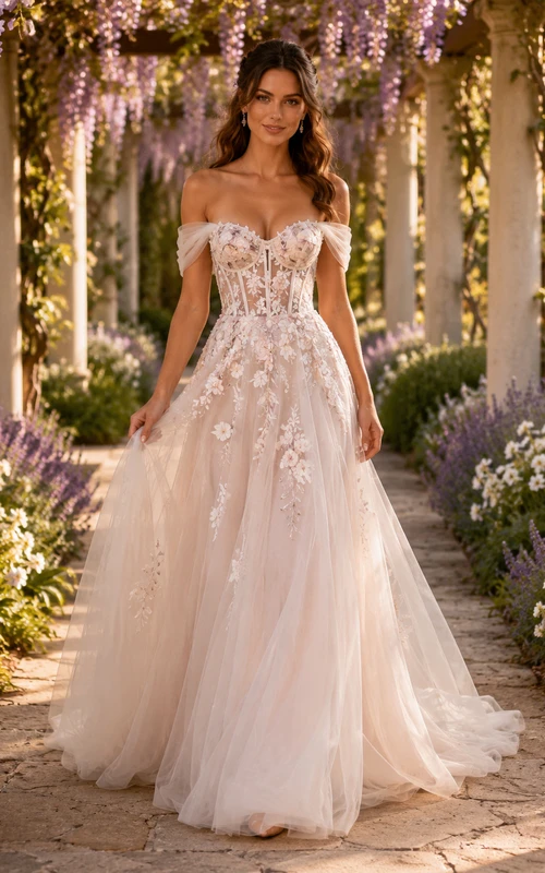 Blush Floral Off-Shoulder Garden Tulle A-Line Bridal Gown