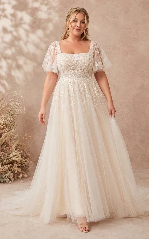 Plus Size Flutter Sleeve Flowy Studio Wedding Dress