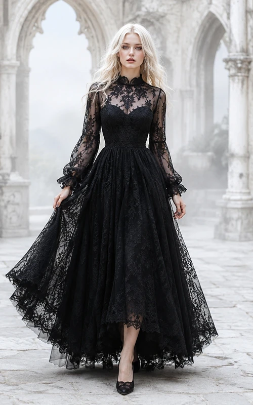 Gothic-Kleid aus schwarzer Spitze, A-Linie, bodenlang, mit Rundhalsausschnitt und langen Ärmeln