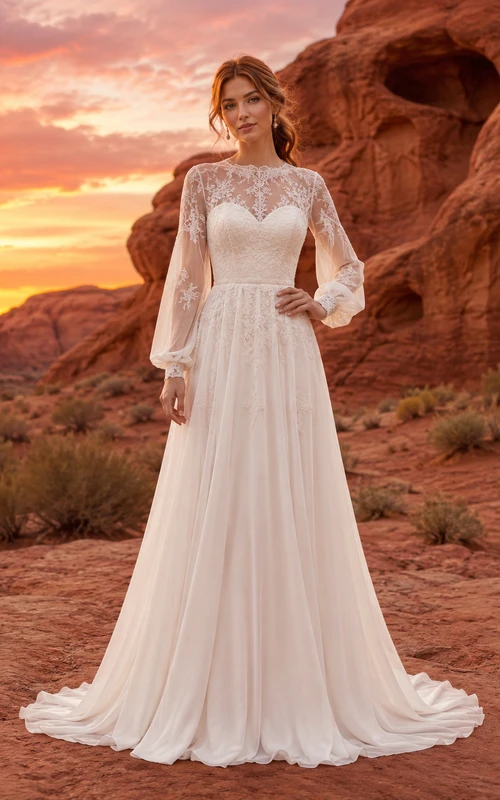Long Sleeve Illusion Lace Chiffon Mountain Elopement Dress