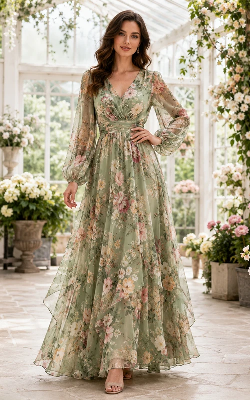 celadon Floral Long Sleeve V-Neck Chiffon Maxi Dress
