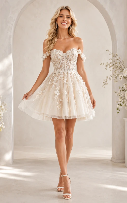 Off Shoulder Lace Applique Mini Bridal Dress Fitted Silhouette