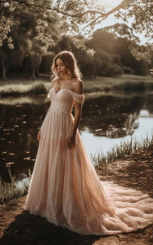 Sparkly Off the Shoulder Sequins Fabric Sweetheart Empire Blush Wedding Dress with Ruching