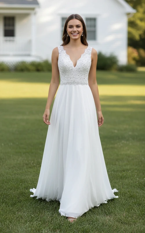 Beaded Chiffon & Lace Maxi Dress
