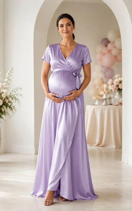 Lavender Square Neck Short Sleeve Empire Chiffon Maternity Dress