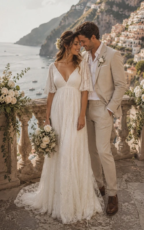 V-neck Empire Half-sleeve Lace Boho Country Wedding Dress