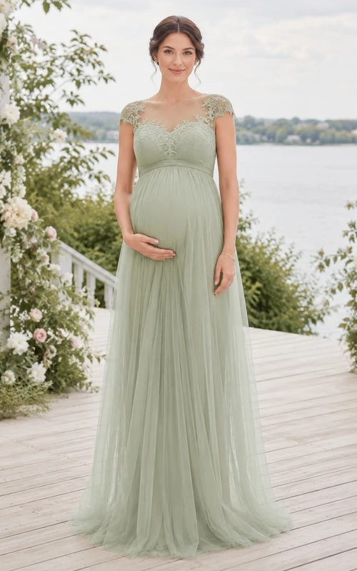 Celadon Straps Sleeveless Empire Maternity A-Line Tulle Maxi Dress