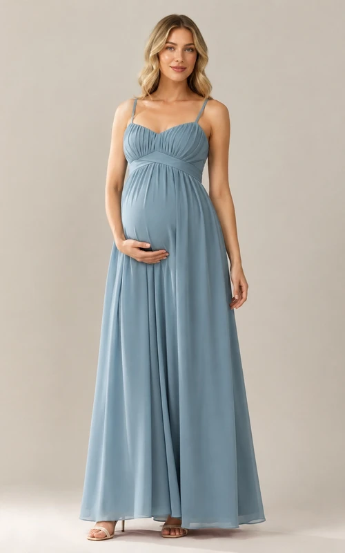 Steel Blue Maternity Chiffon Sweetheart Empire Waist Floor-length Evening Dress