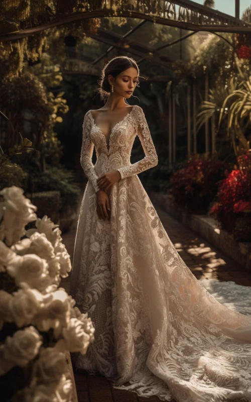 Vestido de novia vintage de encaje con mangas largas, escote en V profundo y cola larga.