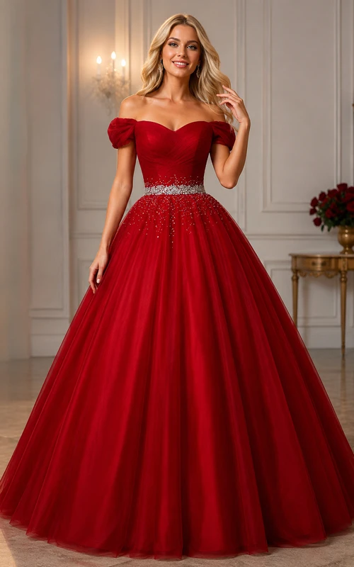 Robe de bal en tulle ornée de bijoux, bustier cloche en dentelle sans manches à épaules dénudées