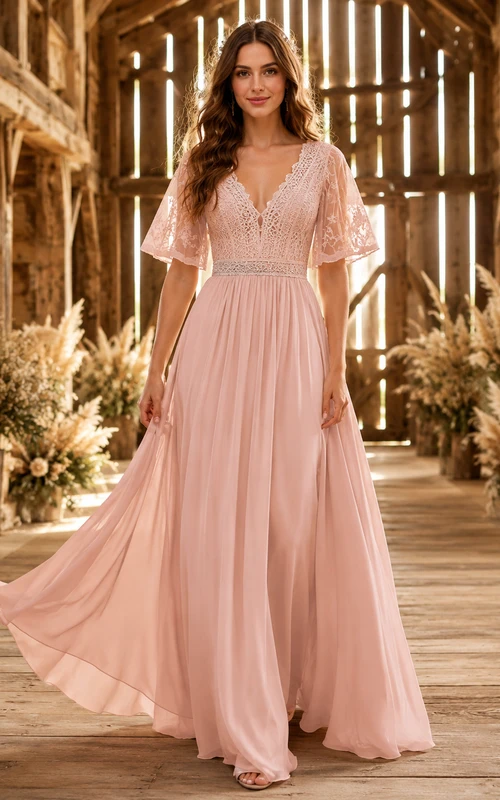 Dusty Pink Flutter Sleeve Crochet Bodice Barn Bridal Dress