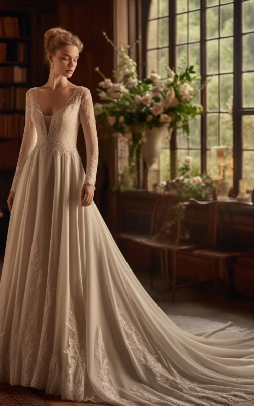 Elegante vestido de novia de gasa con mangas largas, escote pronunciado y top de encaje, con apliques.