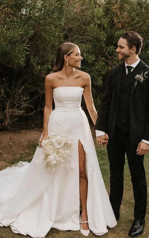Strapless Front Split Satin Simple Wedding Dress