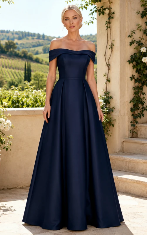 Robe de demoiselle d'honneur longue en satin bleu marine foncé, coupe trapèze, épaules dénudées, décolleté cœur, manches courtes, plissée, fermeture éclair au dos