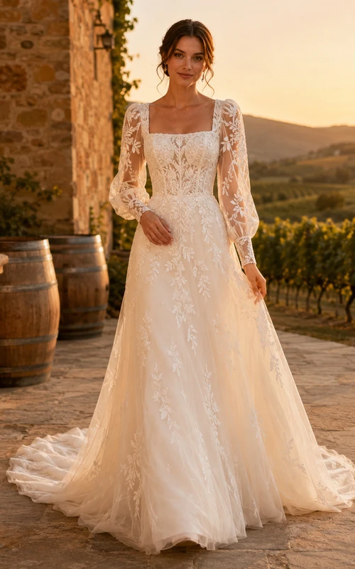 Square Neck Embroidered Sleeve A Line Vineyard Bridal Gown