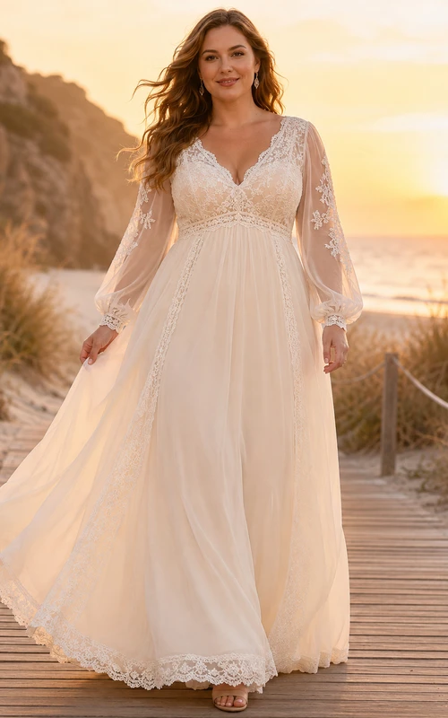 Bohemian Curvy Lace Wedding A Line Empire V Neck Long Sleeves Beach