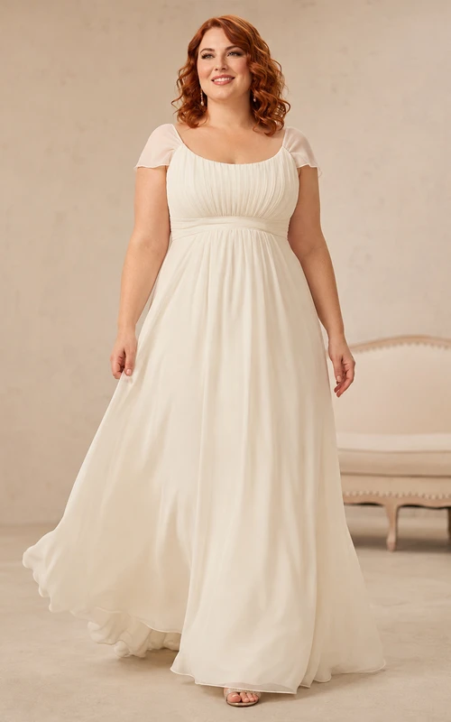 Plus Size Scoop Neck Cap Sleeve Chiffon Bridal Gown
