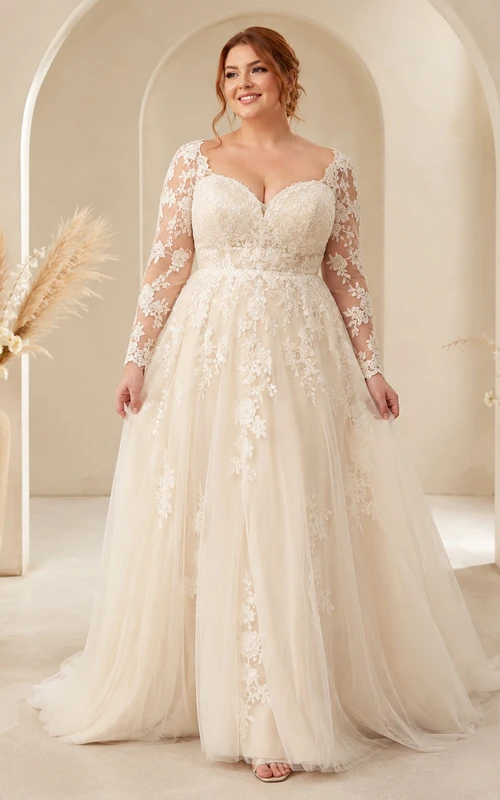 Champagne Plus Size Long Sleeve Lace A-Line Studio Bridal Gown