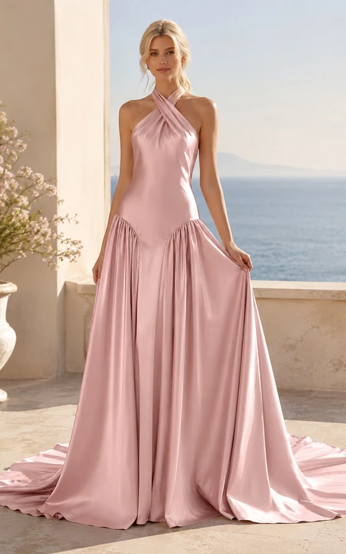 Dusty Rose Halter Backless Pleated Satin Dropped Waist A Line Wedding Dress