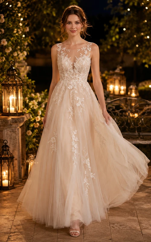 Champagne Floral Applique V-Neck Garden Lights Bridal Gown