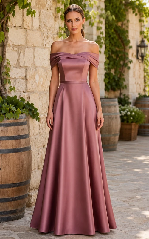 Robe de demoiselle d'honneur longue en satin rose poudré, coupe trapèze, épaules dénudées, décolleté cœur, manches courtes, froncée, fermeture éclair au dos