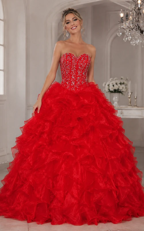 Robe de bal longue en organza, cloche, corset orné de bijoux et de dentelle à volants