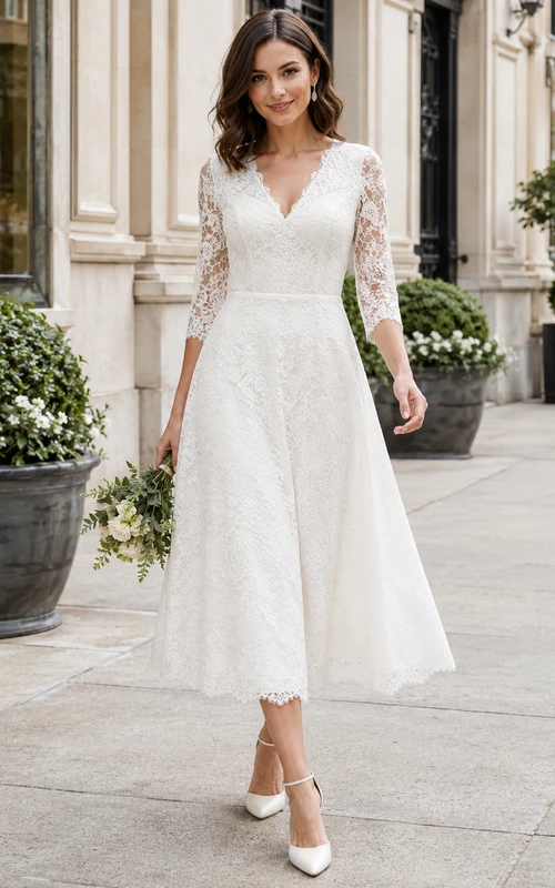 V-Neck Three-Quarter Sleeve Lace Midi Civil Bridal Dress