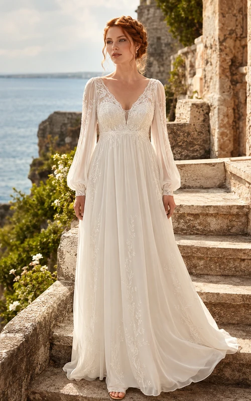 Long Sleeve Chiffon Mediterranean Coast Bohemian Elopement Gown