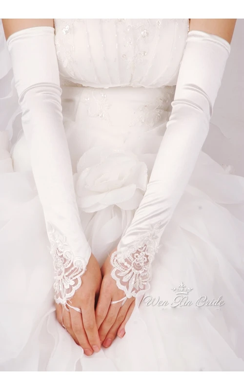 Plus Long White Beaded Satin Hook Elastic Satin Gloves
