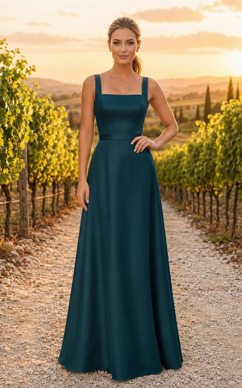 Robe de demoiselle d'honneur longue en mousseline turquoise, coupe trapèze, col carré, bretelles larges, plissée et fermeture éclair au dos
