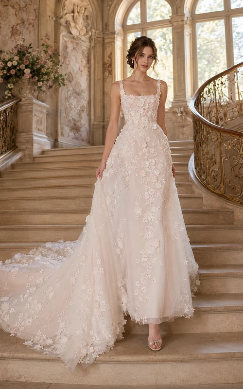 Asymmetric Cascading Lace Train Staircase A-Line Bridal Gown