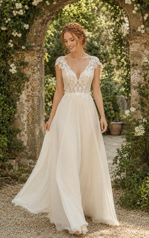 Boho Cap Sleeve V-Neck Chiffon Garden Elopement Dress