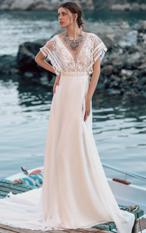 Casual Chiffon Empire Caped V-neck Wedding Dress with Lace Top