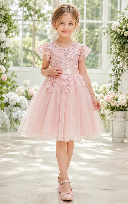 Blumenmädchenkleid aus zartrosa Spitze und Tüll, A-Linie, kurze Ärmel, Rundhalsausschnitt, knielang, mit floraler Applikation und Schleifendetail