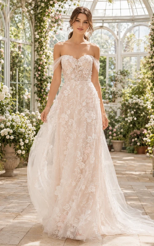 Off Shoulder Floral Applique Botanical Bridal Ball Gown