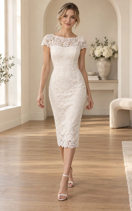 Robe de mariée civile simple, fourreau en dentelle florale, longueur genou, manches courtes, ourlet festonné, dos en V